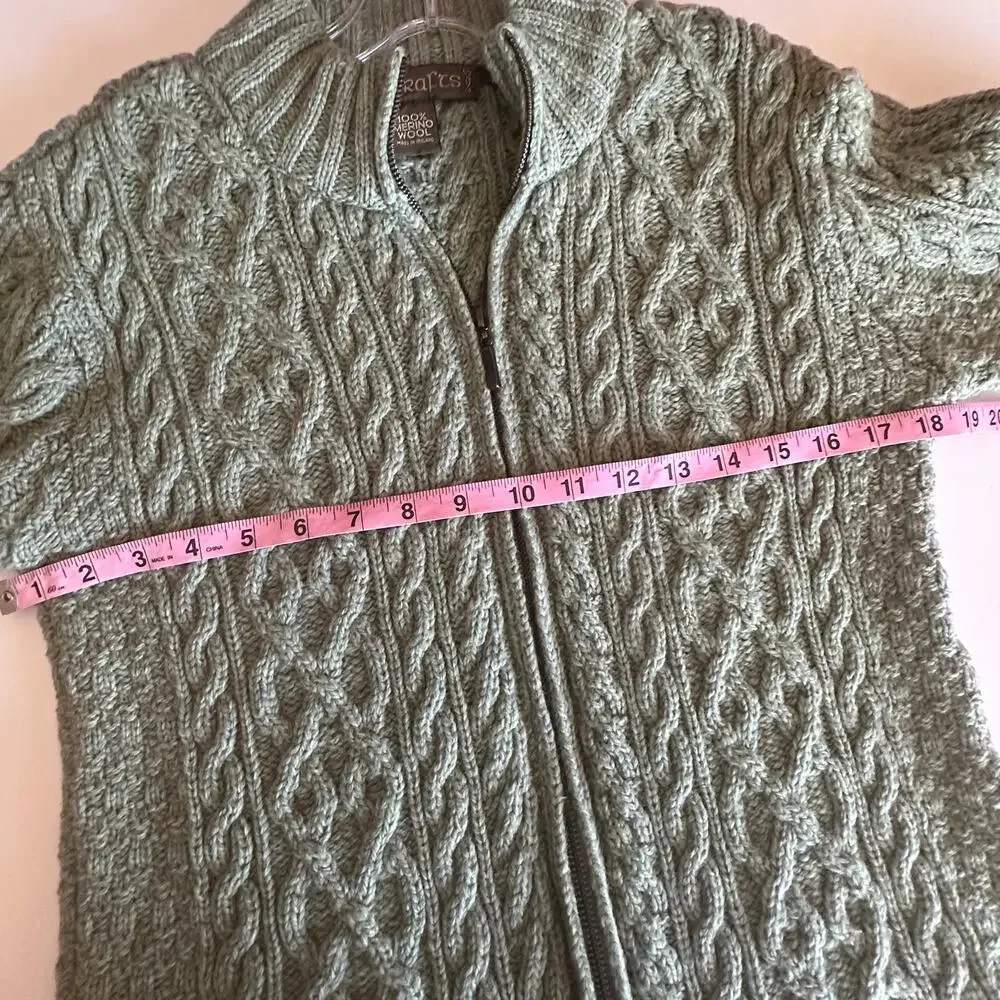 Inis Crafts Full Zip Fishermans Cardigan Womens Large Green Merino Wool Sweater